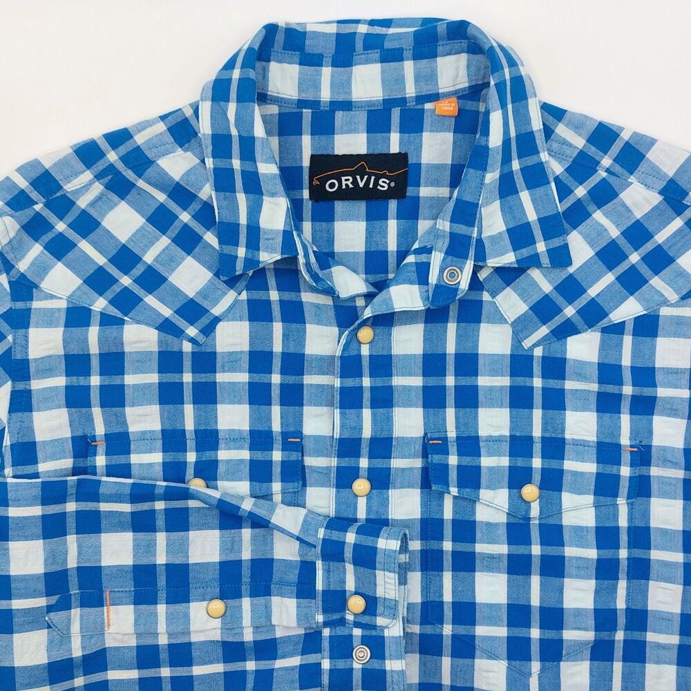 Orvis Trout Bum Pearl Snap Linen-Blend Check Shirt Men's Medium Blue Fishing